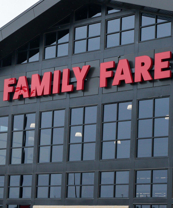 a Family Fare building with a brick pillar