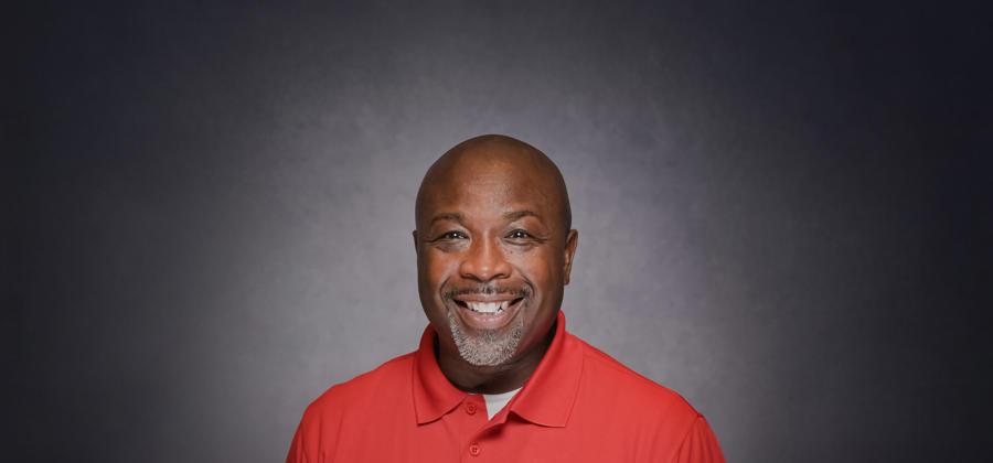 a man in a red shirt