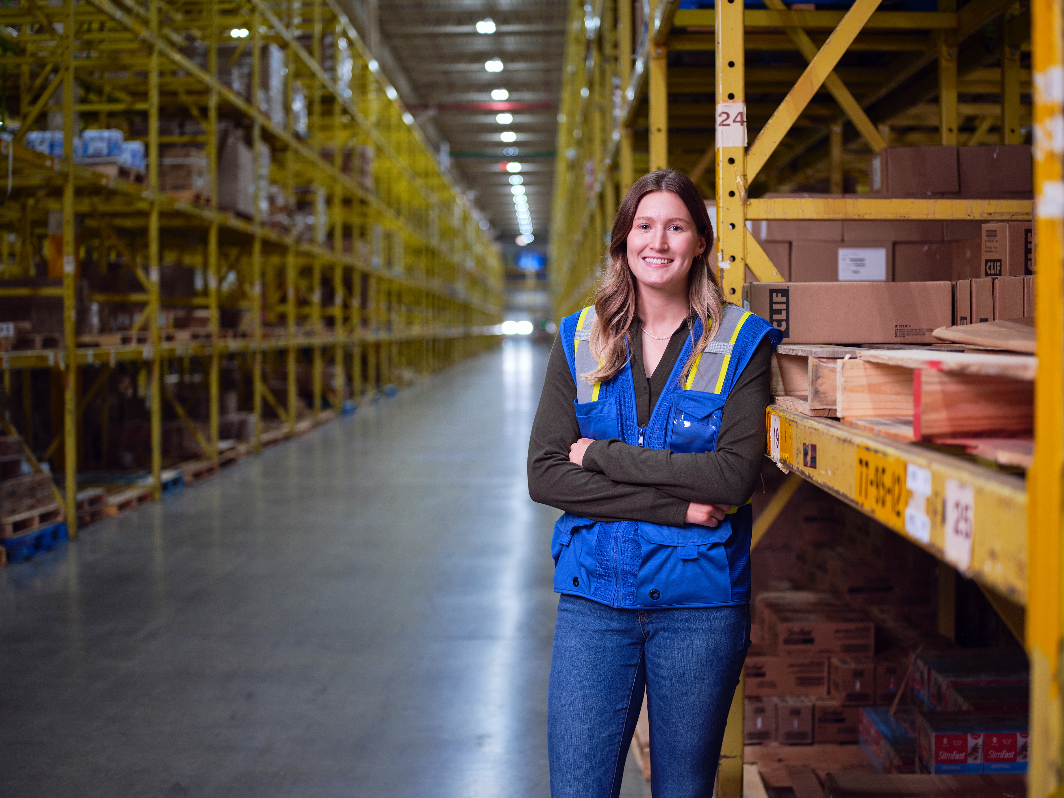 a woman in a warehouse