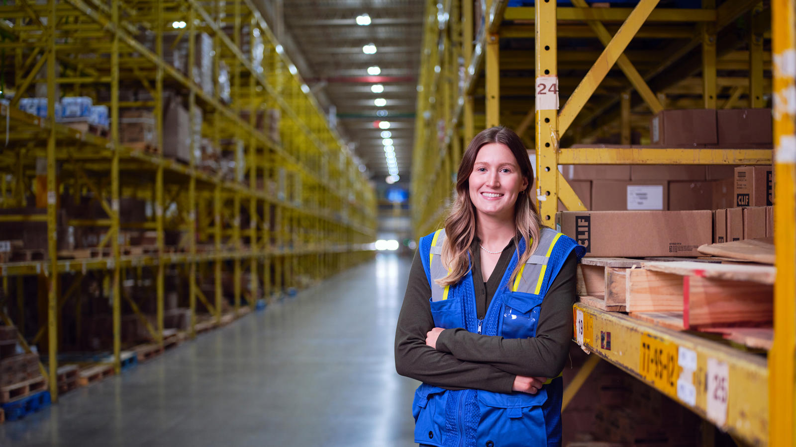 a woman in a warehouse