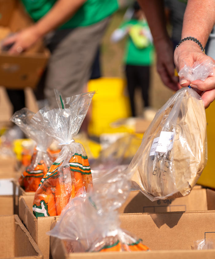 a person holding a bag of food